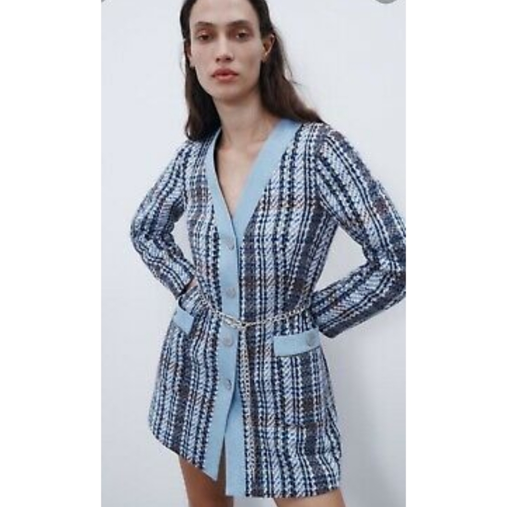 Zara Blue Tweed Denim Blazer Dress Medium